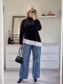 Dripcurv Blus Ukuran Besar Musim Gugur/Dingin Elegan dengan Blok Warna dan Patchwork Renda, Atasan untuk Acara Keluar, Pakaian Kerja untuk Wanita di Kantor, Blus Wanita Elegan, Atasan Chic untuk Musim Gugur - Hitam dan Putih - View 1
