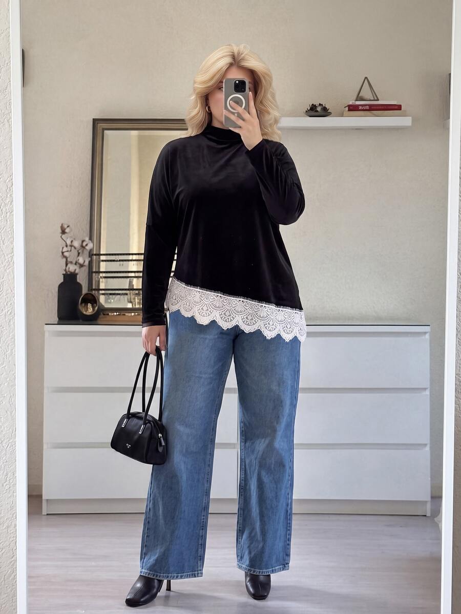Dripcurv Blus Ukuran Besar Musim Gugur/Dingin Elegan dengan Blok Warna dan Patchwork Renda, Atasan untuk Acara Keluar, Pakaian Kerja untuk Wanita di Kantor, Blus Wanita Elegan, Atasan Chic untuk Musim Gugur - Hitam dan Putih - View 1