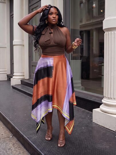 Slaydiva Plus Size Women's Skirt, Color Block Oil Print Asymmetric Slant Midi Skirt