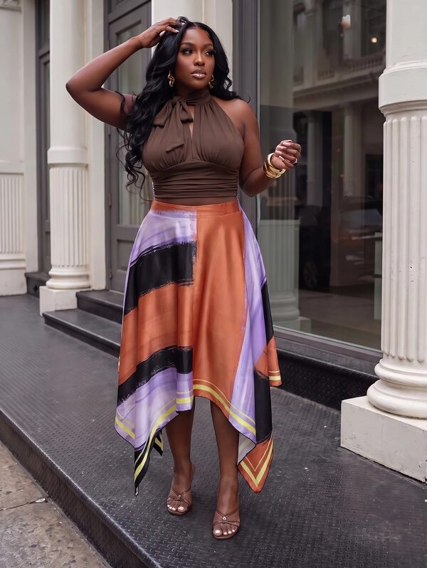 Slaydiva Plus Size Women's Skirt, Color Block Oil Print Asymmetric Slant Midi Skirt