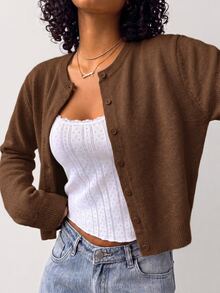 SHEIN BASICS Women's Solid Color Long Sleeve Single-Breasted Knit Cardigan - Coffee Brown - View 1