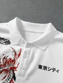 ROMWE MEN Men's Japanese Culture Art Print Snake Pattern Angel Street Casual Loose Fit Polo Shirt - White - View 8