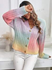 EMERY ROSE Women's Dropped Shoulder Long Sleeve Fluffy Yarn Blend Knit Cardigan - Pink - View 6