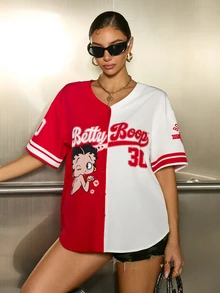 Betty Boop x SHEIN Women's Cartoon Print Colorblock Single-Breasted Shirt - Red and White - View 6
