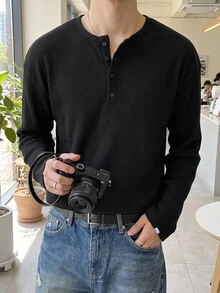 NORVETH 男士極簡百搭半開襟鈕扣長袖T恤 - 黑色 - 查看 2