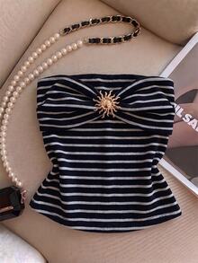 Franclia Women's Summer Casual Striped Metal Decor Tube Top - Black - View 1