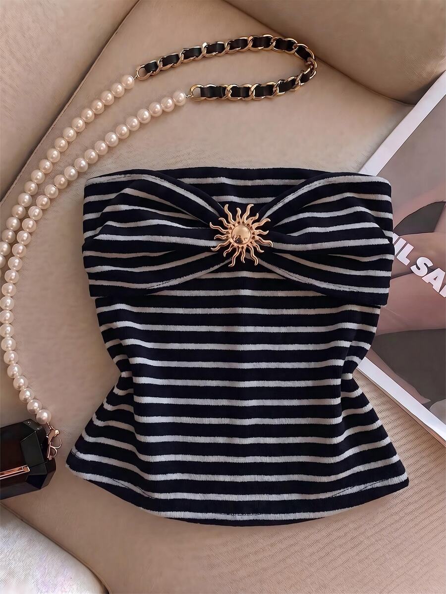 Franclia Women's Summer Casual Striped Metal Decor Tube Top - Black - View 1