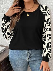 Comfylo Camiseta de talla grande con estampado de plantas y mangas raglán en contraste - Multicolor - Ver 5