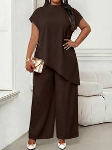 SHEIN Lady Plus Size Women Solid Color Asymmetrical Hem Top Dinner Formal Party Brown Summer Elegant - Brown - View 3
