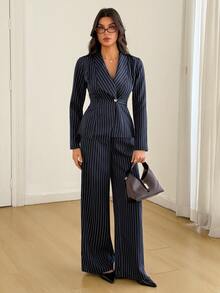 SHEIN Tall Women's Navy Striped Long-Sleeve Business Suit Set (Two Pieces) For Autumn - Navy Blue - View 3