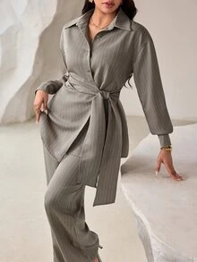 Veilorie Plus Size Elegant Commute Striped Tie Waist Blouse And Pants 2 Pieces Set - Khaki - View 4