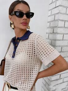 Franclia White Hollow Knit Plus Size Short Sleeve Sweater Dates Teacher Summer Normal 90s Teacher Vacation Curve 80s - Apricot - View 8