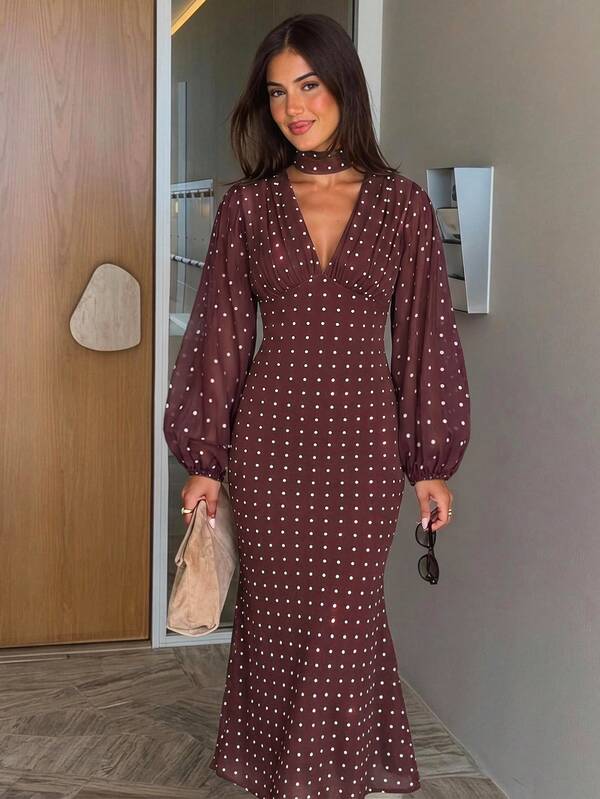 Siren Gaze Women's New Autumn Brown Polka Dot Chiffon Lantern Sleeve Long Dress