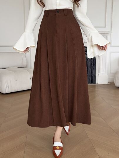 Feyla New French Design Pleated A-Line Everyday Versatile Elegant Brown Corduroy Skirt