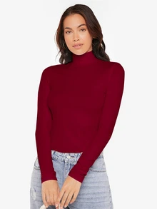 SHEIN BASICS Camisetas de cuello alto de manga larga de punto acanalado ajustadas para mujeres en color negro - Burdeos - Ver 1