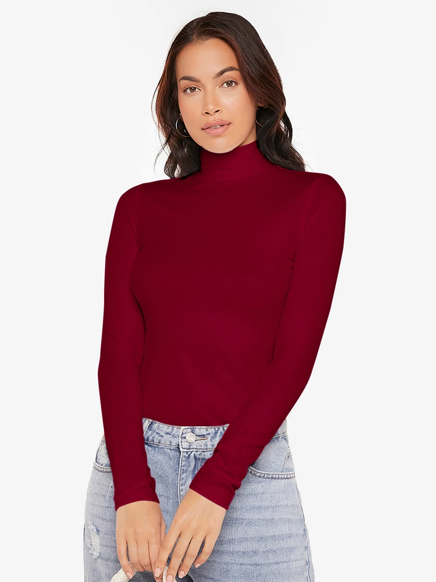 SHEIN BASICS Camisetas de cuello alto de manga larga de punto acanalado ajustadas para mujeres en color negro - Burdeos - Ver 1
