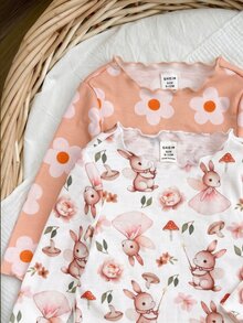 SHEIN 可愛女嬰花卉與卡通圖案長袖針織家居服套裝 - 彩色 - 查看 8