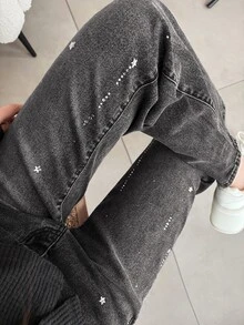 FRIFUL Women's Casual Washed Rhinestone Decorated Flare Jeans Fall - Black - View 6