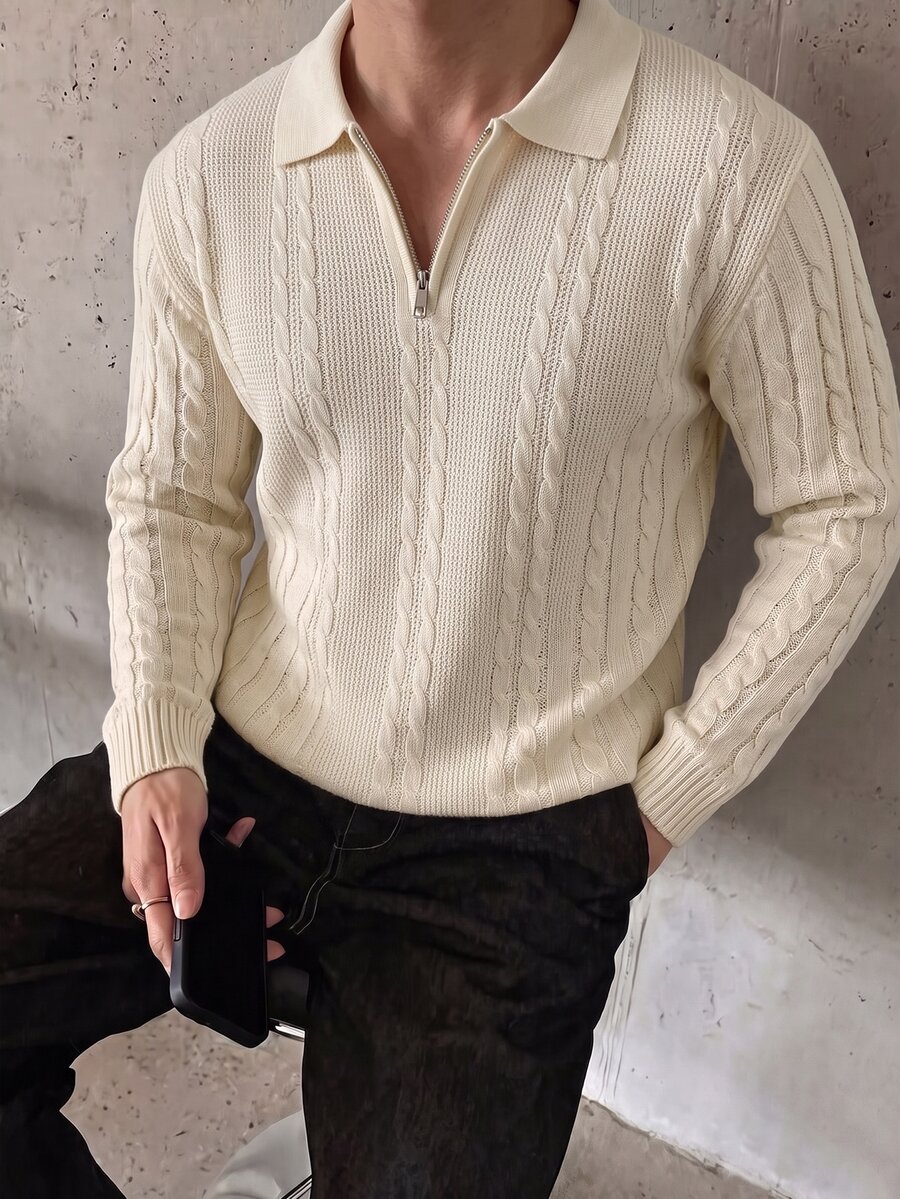 Manfinity Mode 男士 Polo 領休閒長袖半拉鍊套頭毛衣,休閒針織春秋冬季上衣,寬鬆版型米色套頭上衣,時尚簡約通勤穿搭英倫復古寬鬆風,百搭麻花編織拉鍊長袖套頭毛衣 - 米色 - 查看 1