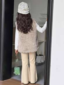 Dazy Kids Tween Girl) Sleeveless Fur Vest Top + Fur Flared Casual Pants 2pcs Sweater Set - Beige - View 2