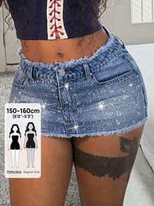 SHEIN PETITE Women's Fashion Sexy Rhinestone Decor Mini Denim Skirt - Black - View 1