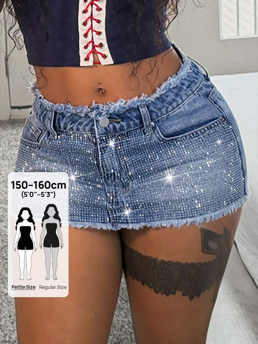 SHEIN PETITE Women's Fashion Sexy Rhinestone Decor Mini Denim Skirt - Black - View 1