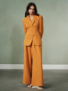 Aveloria Modichic Women's Suit Set Strong Shoulder Waist Wide Leg V-Neck Lapel Overlapping Buckle Cummerbund Side Buttons Modern Orange Solid Tailored Set Thanksgiving - Orange - View 4
