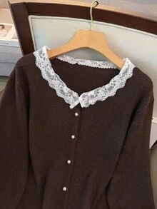 GlowEve CURVE Women's Autumn New Single Piece Round Neck Lace Trim Patchwork Pearl Button Sweet Date Fashion Versatile Knit Daily Commute Lady Loose Short Knit Cardigan Plus Size Top - Coffee Brown - View 4