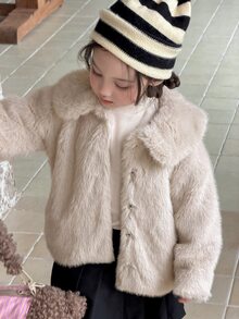 DAZY Infant/Toddler (Girl) Solid Color Oversized Collar Korean Style Velvet Long Sleeve Autumn/Winter Jacket - Coffee Brown - View 6