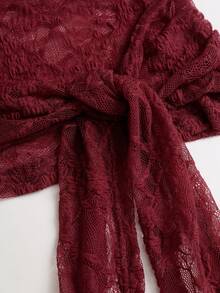 Sweetra Y2K Sexy Lace Deep V-Neck Bell Sleeve Elegant Tie-Front Slimming Top - Burgundy - View 3