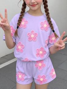 青少年女孩休閒可愛紋理碎花紫色圓領短袖T恤寬鬆短褲兩件套，適合春夏，圖案舒適女孩套裝，Y2K復古度假波點風 - 彩色 - 查看 2