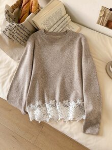 CosyJoli Gentle French Lace Patchwork Round Neck Long Sleeve Sweater - Camel - View 1