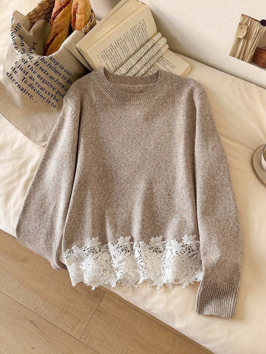 CosyJoli Gentle French Lace Patchwork Round Neck Long Sleeve Sweater - Camel - View 1