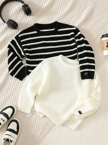 SHEIN 2件組返校季小男孩黑白條紋紋理寬鬆套頭毛衣，居家、疊穿、外出與學校穿搭的百搭多件套裝 - 黑與白 - 查看 3