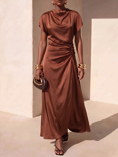 Zivah New Summer/Autumn Commuter Elegant Casual Vacation Red-Brown Ruffle Split Sleeve High Neck Pleated Waist A-Line Long Dress, Suitable For Daily Wear, Outings, Vacations, Travel, Beach, Parties, Airport Outfits, Brunch Outfits, Bohemian Style, Nomad Style, Casual Style, Shopping, Women's Work Outfits, Graduation Ceremony Outfits, Country Music
