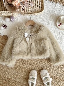 LMoss Kids Young Girl Woven Solid Kids Color Faux Fur Bow Casual Winter Jacket - White - View 3
