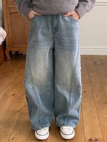 DAZY Tween Girl) Casual Loose Washed Distressed Patchwork Versatile Autumn/Winter Denim Jeans - Light Wash - View 9