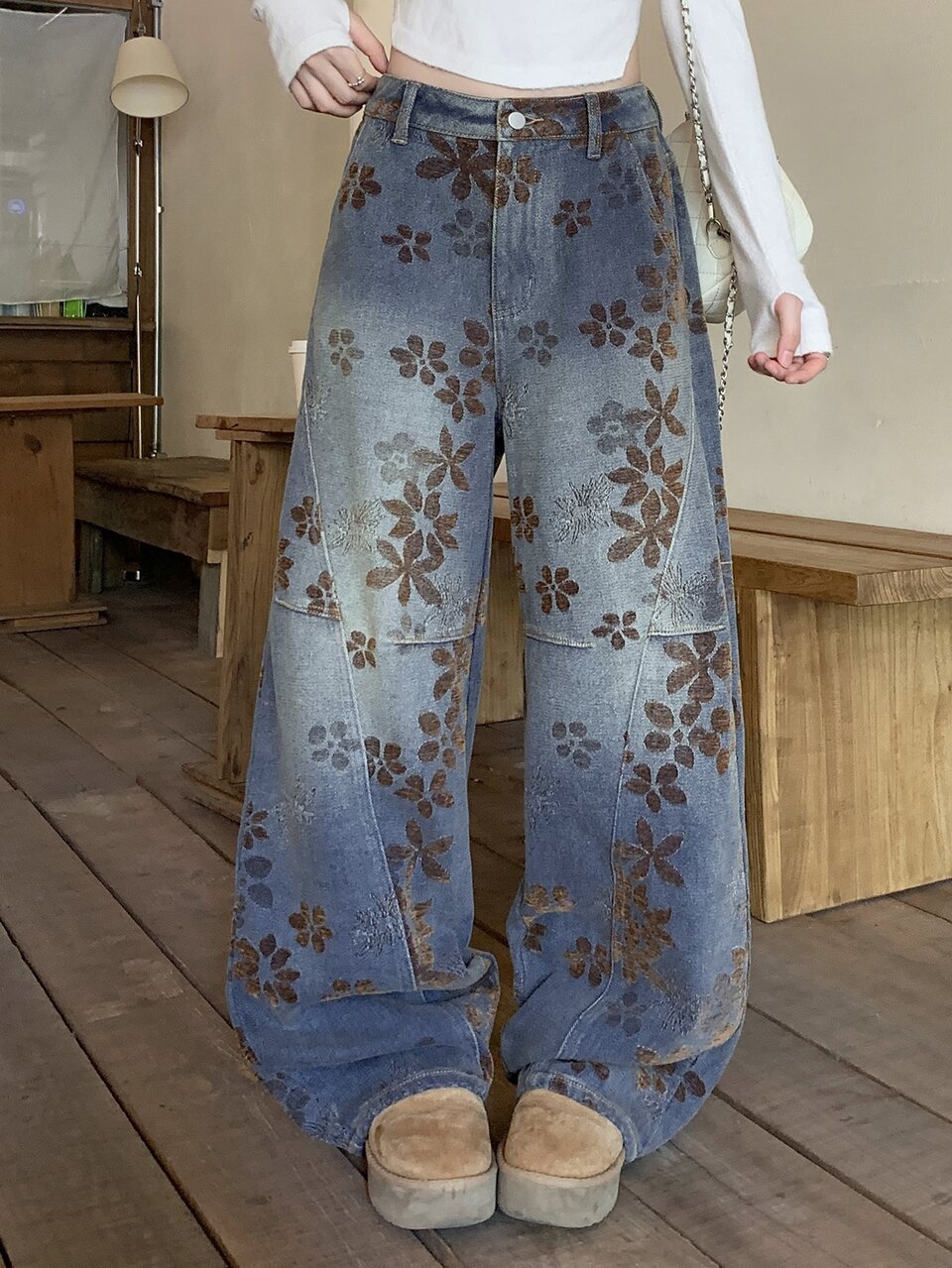 Women's Casual Daily Denim Jeans With Pocket, Button And Floral Pattern