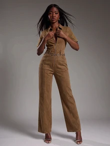 NYA SZN Women's Casual Washed Denim Jumpsuit - Brown - View 3