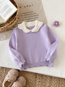 Young Girl Autumn/Winter Casual Colorblock Patchwork Collar Sweater - Mauve Purple - View 1