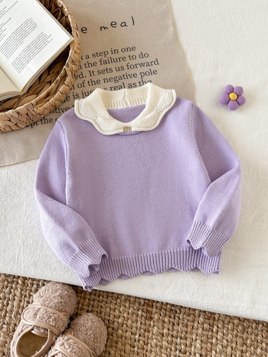 Young Girl Autumn/Winter Casual Colorblock Patchwork Collar Sweater - Mauve Purple - View 1
