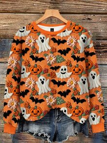 EMERY ROSE Plus Size Women's Halloween Ghost, Pumpkin & Bat Print Raglan Long Sleeve Sweatshirt Pullover Fall Outfit Winter - Multicolor - View 4