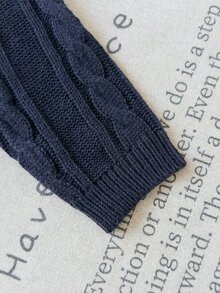 SHEIN 女童手工刺繡麻花針織落肩短版套頭毛衣，柔軟舒適，適合日常穿著、外出、旅行、度假、居家、玩耍、萬聖節與聖誕節 - 藏蓝色 - 查看 4