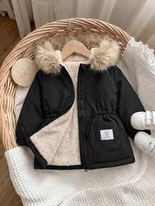 Baby Girl Cute Autumn/Winter Versatile Black Thermal-Lined Hooded Fur Collar Jacket - Black - View 2