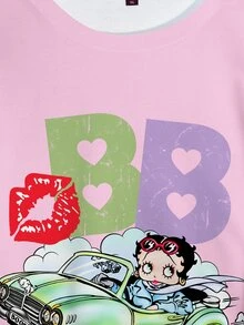 Betty Boop x SHEIN Plus Size Women's Letter Print Crew Neck Long Sleeve Casual Sweatshirt - White - View 4