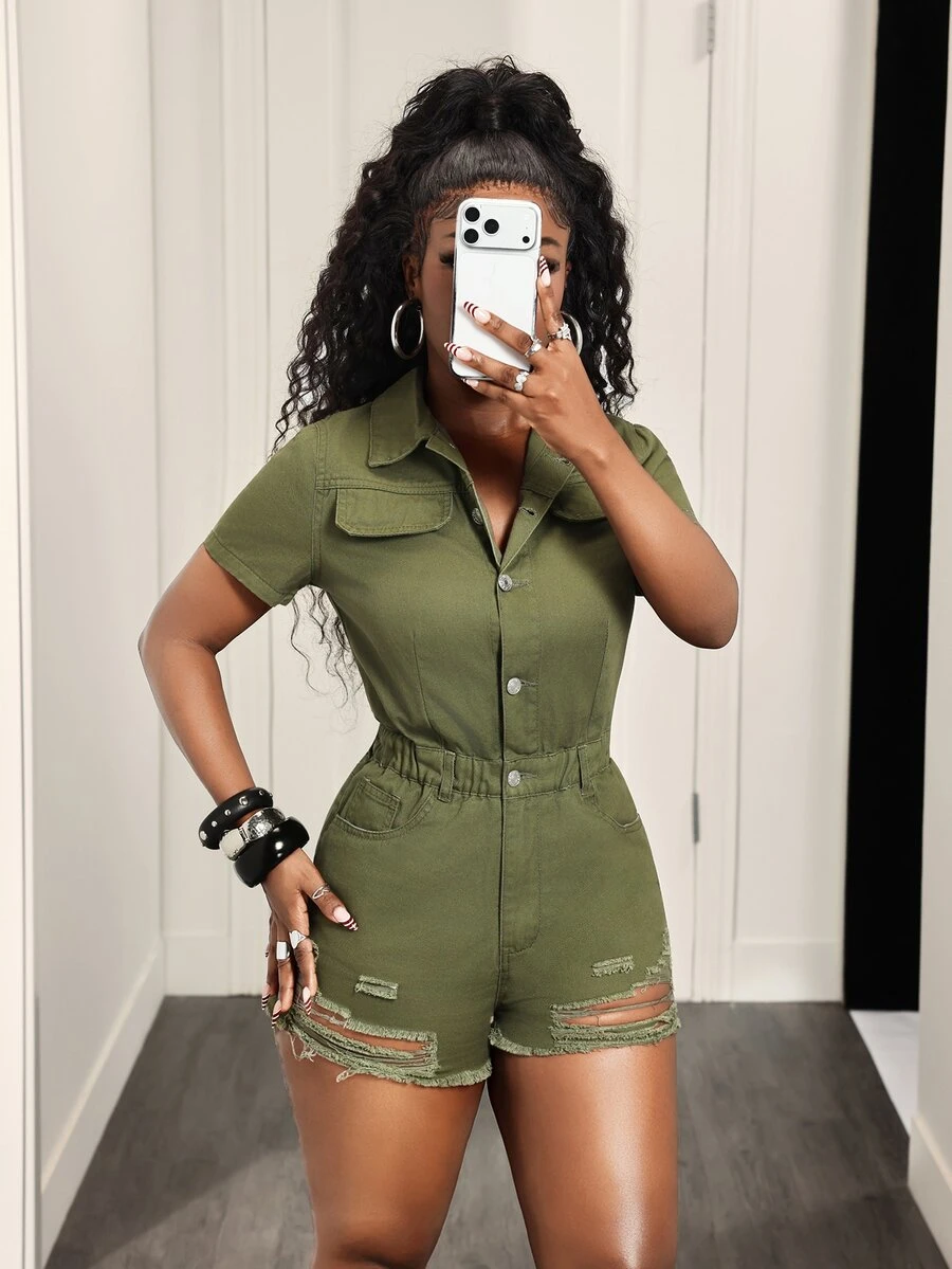 SHEIN VaVaLuxe Women's Distressed Button Short Sleeve Denim Romper For Travel - Army Green - View 1