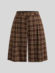 Sweetra Plus Size Brown Plaid High Waist Wide Leg Shorts With Vintage Preppy Style Brown Bermuda Shorts - Multicolor - View 1