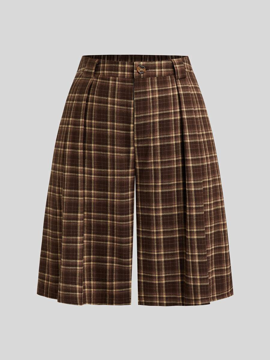 Sweetra Plus Size Brown Plaid High Waist Wide Leg Shorts With Vintage Preppy Style Brown Bermuda Shorts - Multicolor - View 1