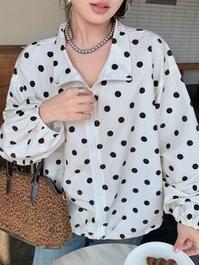 Dazy Plus Jaket Kerah Tegak Longgar Motif Polkadot Besar Modis untuk Musim Semi, Musim Panas, dan Musim Gugur - Aprikot - View 1
