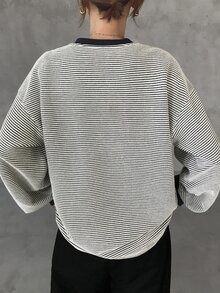 FRIFUL 女款半開襟鈕扣長袖條紋休閒T恤 秋季 - 藍色 - 查看 4